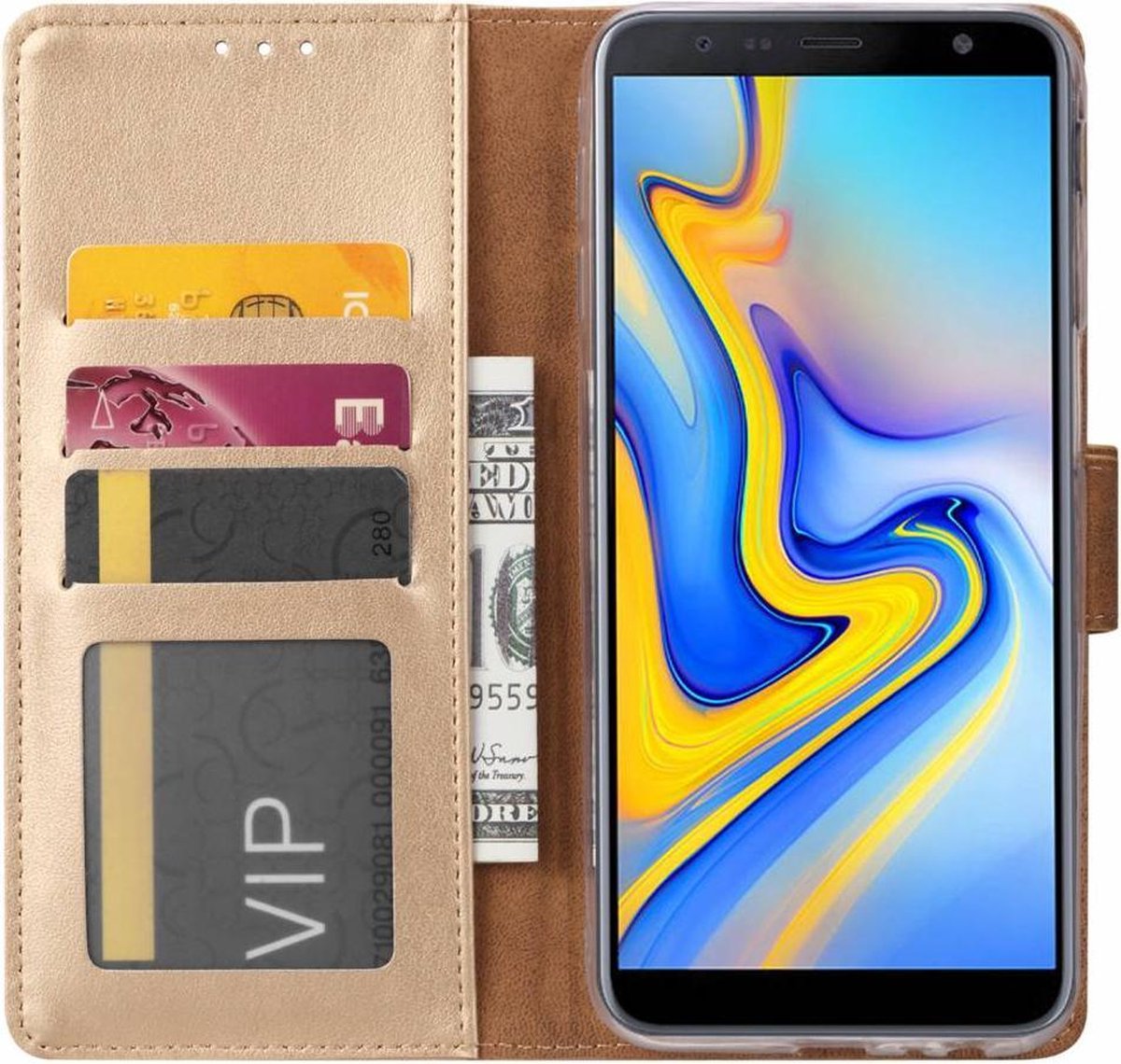 BixB Samsung Galaxy J6 Plus hoesje - bookcase goud + tempered glas screenprotector