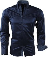 Montazinni - Heren Overhemd - Gestippelde Kraag - Gestreept - Kreuk en Strijkvrij - Slim Fit - Navy