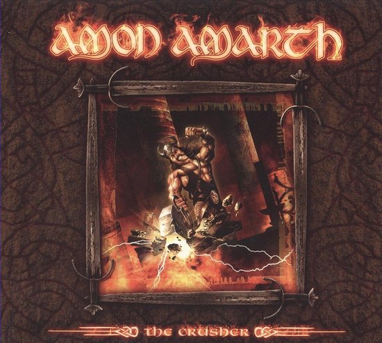 Amon Amarth - The Crusher album cover. Een Viking slaat met zijn hamer op een steen, die in stukken breekt. Vonken en bliksem vliegen in het rond.
