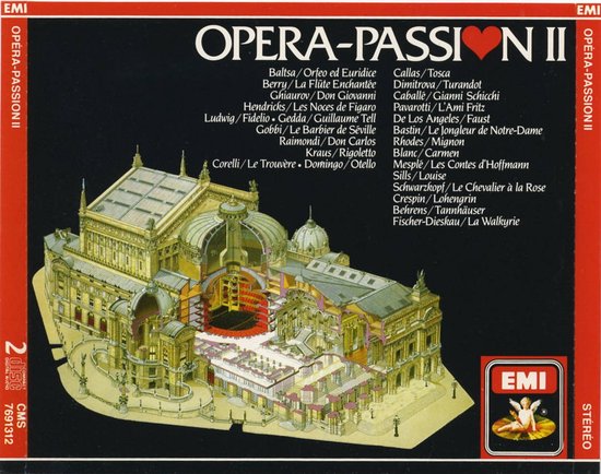 Albumhoes voor Opera-Passion II met een gedetailleerde tekening van de Parijse Opera en een lijst met opera's en zangers.