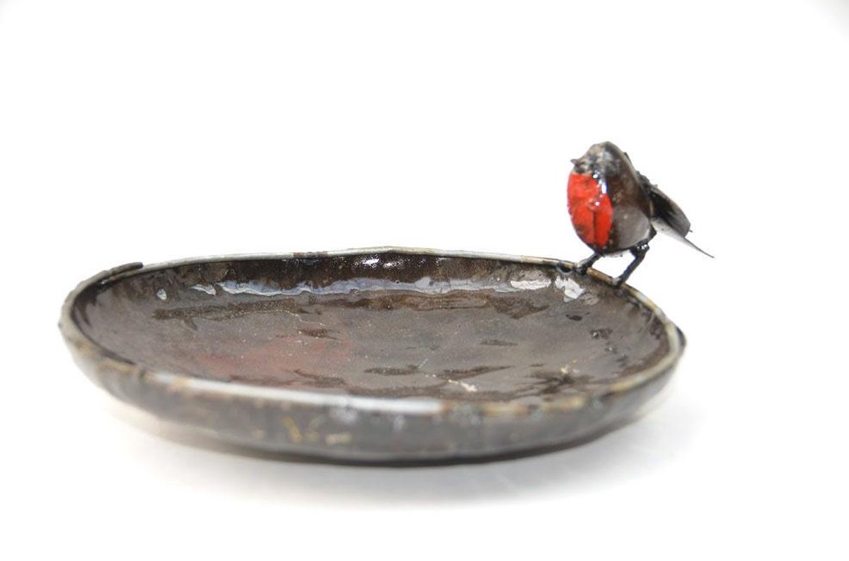 voederschaal - vogel voederschaal - roodborst - metal art - fairtrade uit Zimbabwe