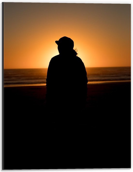 Dibond - Silhouet Persoon op Strand - 30x40cm Foto op Aluminium (Met Ophangsysteem)