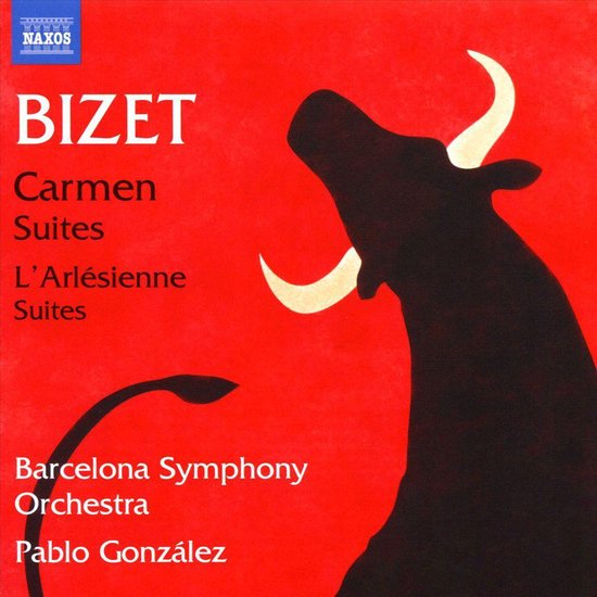 CD hoes met rode achtergrond. Zwarte stier met gouden hoorns. Titel: Bizet Carmen Suites L'Arlésienne Suites, Barcelona Symphony Orchestra, Pablo González.