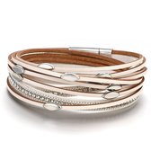 Bracelet Dames - Bracelet En Cuir - Couches - Wrap - Multicouche - Bracelet - Cristal de roche - Cristaux - Wit