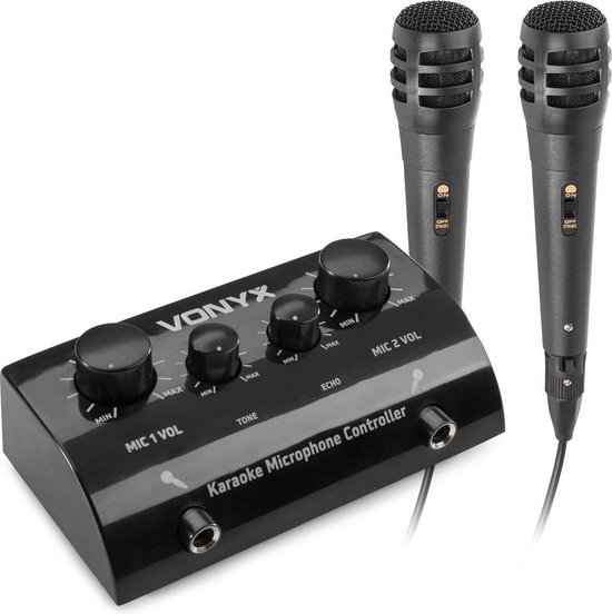 Karaoke set - Vonyx AV430B - 2x karaoke microfoon met mixer met echo effect - Maak van je stereo set een echte karaoke set! - Zwart