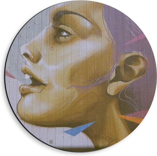 Dibond Wandcirkel - Vrouw met Paarse Haren op de muur Geschilderd - 40x40cm Foto op Aluminium Wandcirkel (met ophangsysteem)
