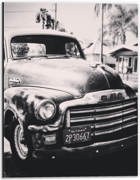 Dibond - Oude Auto in California (Zwart Wit) - Foto op Aluminium (Wanddecoratie van metaal)