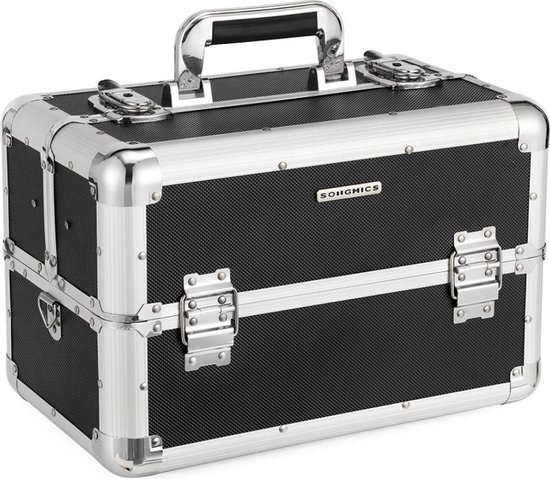 NumberOneCompany SONGMICS Beauty Case XXL Large pour Bagages, étui multi-étagé en aluminium avec bandoulière 36,5 x 22 x 25 cm, noir