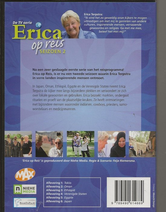DVD-hoes van "Erica op Reis - Seizoen 2" met een portret van Erica Terpstra en diverse reis foto's.