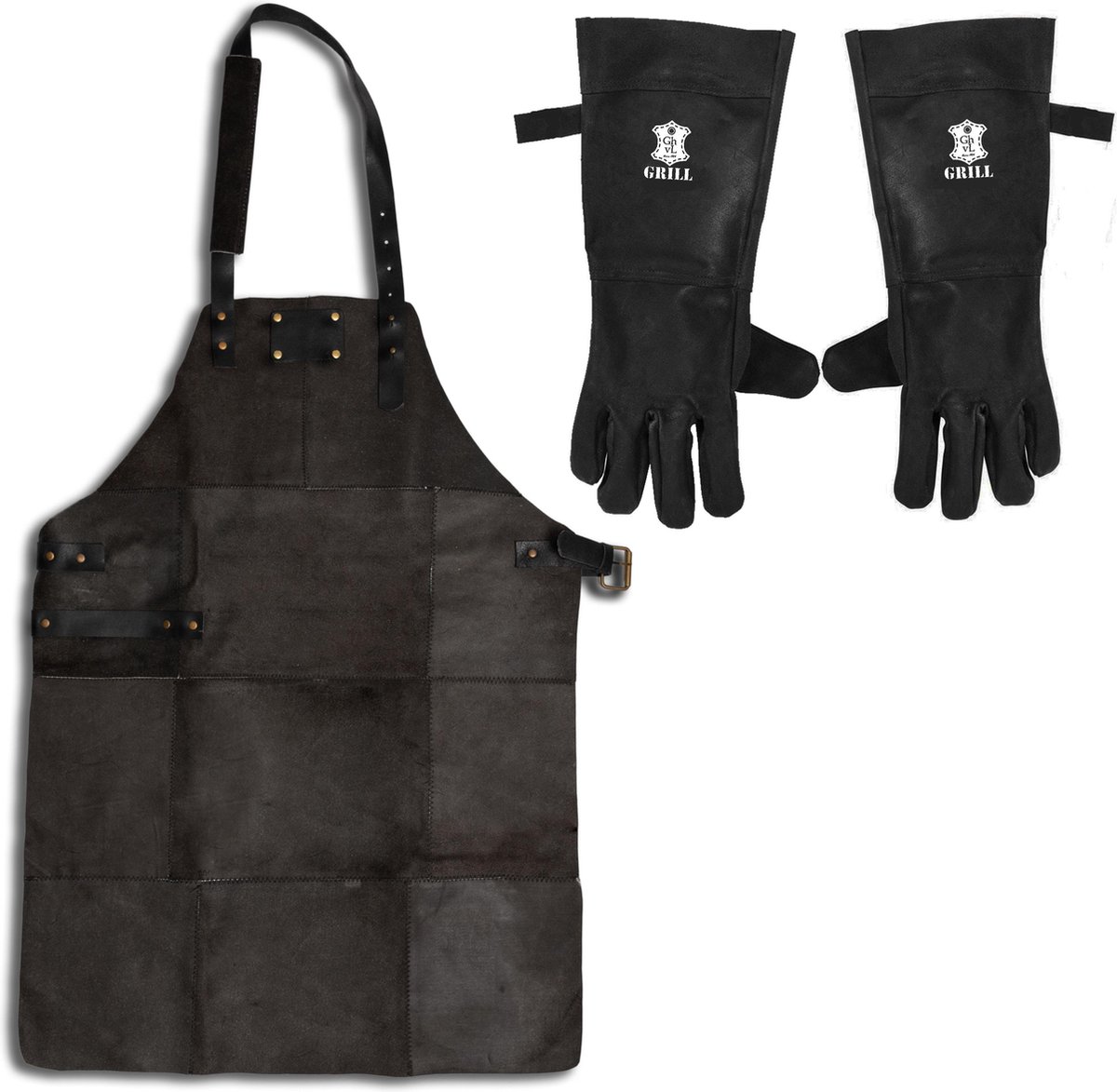 Leren Schort met Handschoenen – Soepel Zwart Leer - Barbecueschort - Keukenschort Man – 81 x 56 cm