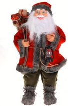 Kerstman rood grijs met jute zak en lampje 45 cm
