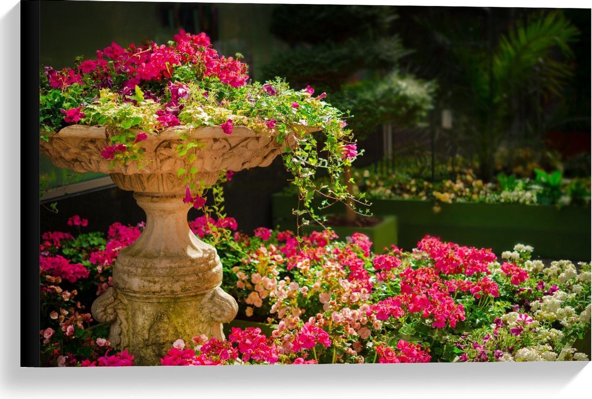 Canvas - Roze Bloemenstruik met Fontein - 60x40cm Foto op Canvas Schilderij (Wanddecoratie