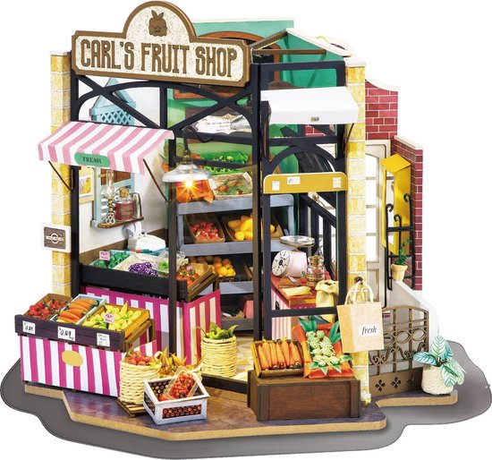 Voordeelpakket Happy Corner - Carl's Fruit Shop - Nancy's Bake Shop - Emily's Flower Shop - Robotime Houten Modelbouw met verlichting - Miniatuur...