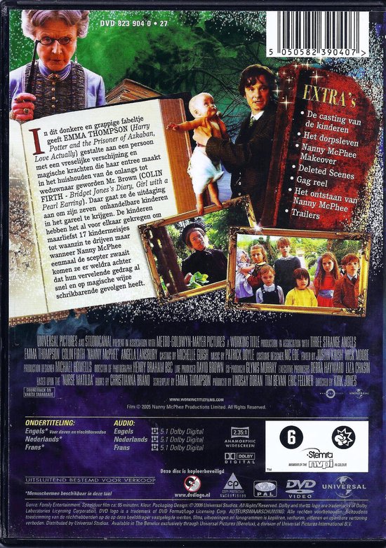 DVD hoes met Emma Thompson als Nanny McPhee met een baby op haar arm, omringd door kinderen.