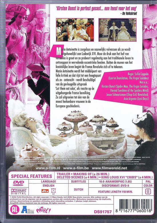Achterkant van de dvd-hoes van Marie Antoinette met scènes uit de film en tekstinformatie.