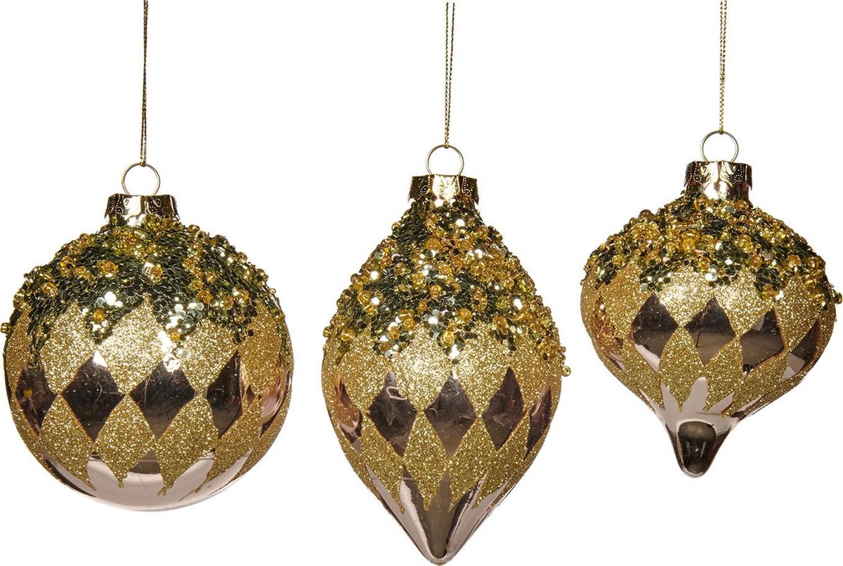 Goodwill Kerstbal Diamantjes Goud-Roze-Lila D 10 cm Assortiment van 3 stuks