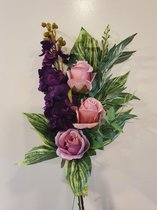 Boeket 03, 60 cm, Paars ridderspoor, Lila rozen, Kunstbloemen, Zijdenbloemen, Vaasstuk