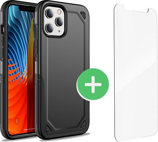iPhone 12 Hoes - Ook Geschikt voor iPhone 12 Pro - Hoesje voor iPhone - Hybrid Black - Apple Cover Zwart Incl. 1x iPhone 12 Screenprotector