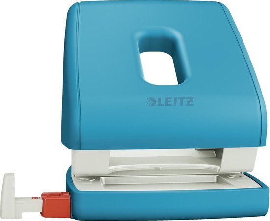 Lichtblauwe Leitz perforator met witte basis en rode nietmachine-indicator.