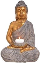 Boeddha beeld theelichthouder/windlicht bruin/goud 41 cm - Waxinelicht houders Boeddha beelden- Polyresin Buddhabeelden