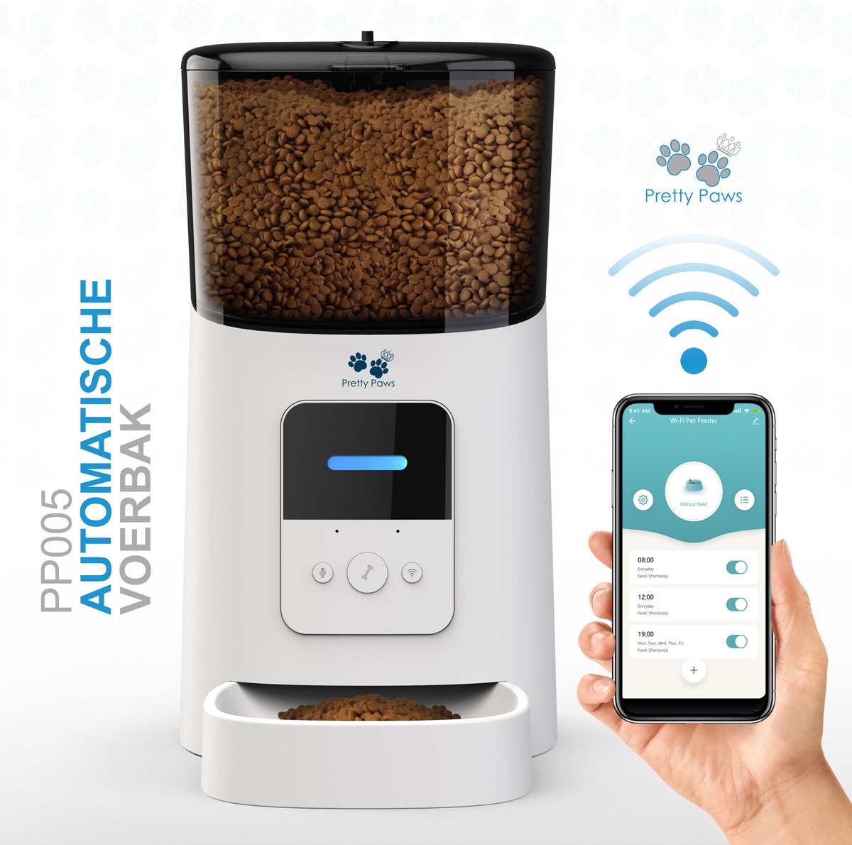 Pretty Paws - PP005 - Wifi Voerautomaat Wit - Automatische Voerbak - Slimme Voerautomaat met App -