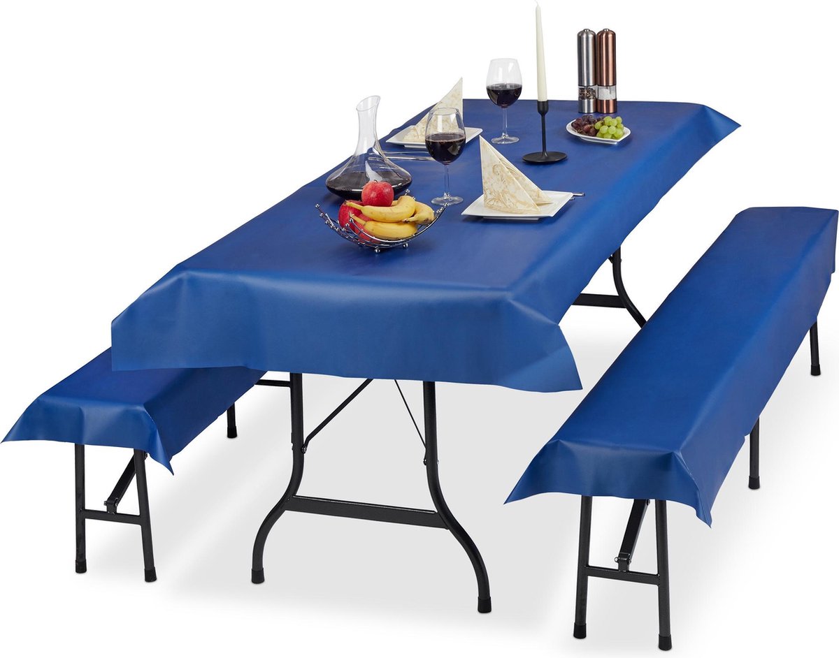 Relaxdays Tafelkleed biertafel en banken - 3-delige set - hoezen biertent - 250x100 -blauw