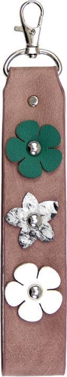 Sleutelhanger - bloemen sleutelhanger - sleutelhanger bloemen bruin - bruin rood - Sleutelhanger - Keychain langwerpig met 3 verschillende bloemen - cadeau - langwerpige sleutelhanger - bloemen