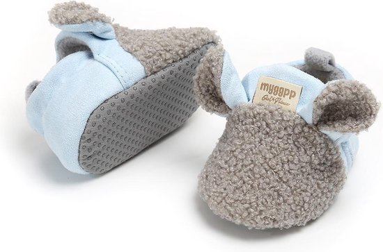 Schattige en warme Myggpp baby slofjes met anti slip zool blauw/grijs 0-6 mnd/11 cm
