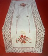 Kerst - Tafelkleed - Linnenlook - Broderie - Off white met kant en rode kaarsen - Loper 110 cm