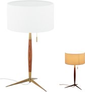 Relaxdays tafellamp retro - nachtlamp stoffen lampenkap - E27 - trekschakelaar - hout