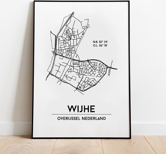 Wijhe city poster, A4 zonder lijst, plattegrond poster, woonplaatsposter, woonposter