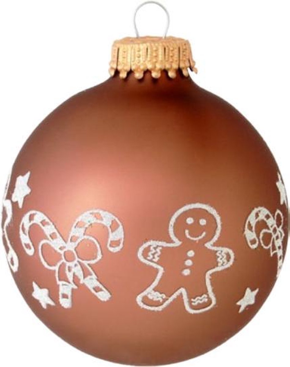 Bruine Kerstballen met zuurstokjes en peperkoek mannetjes - Doosje van 4 stuks