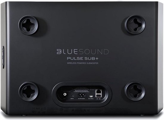 Zwarte Bluesound Pulse Sub+ subwoofer met aansluitingen aan de achterzijde.