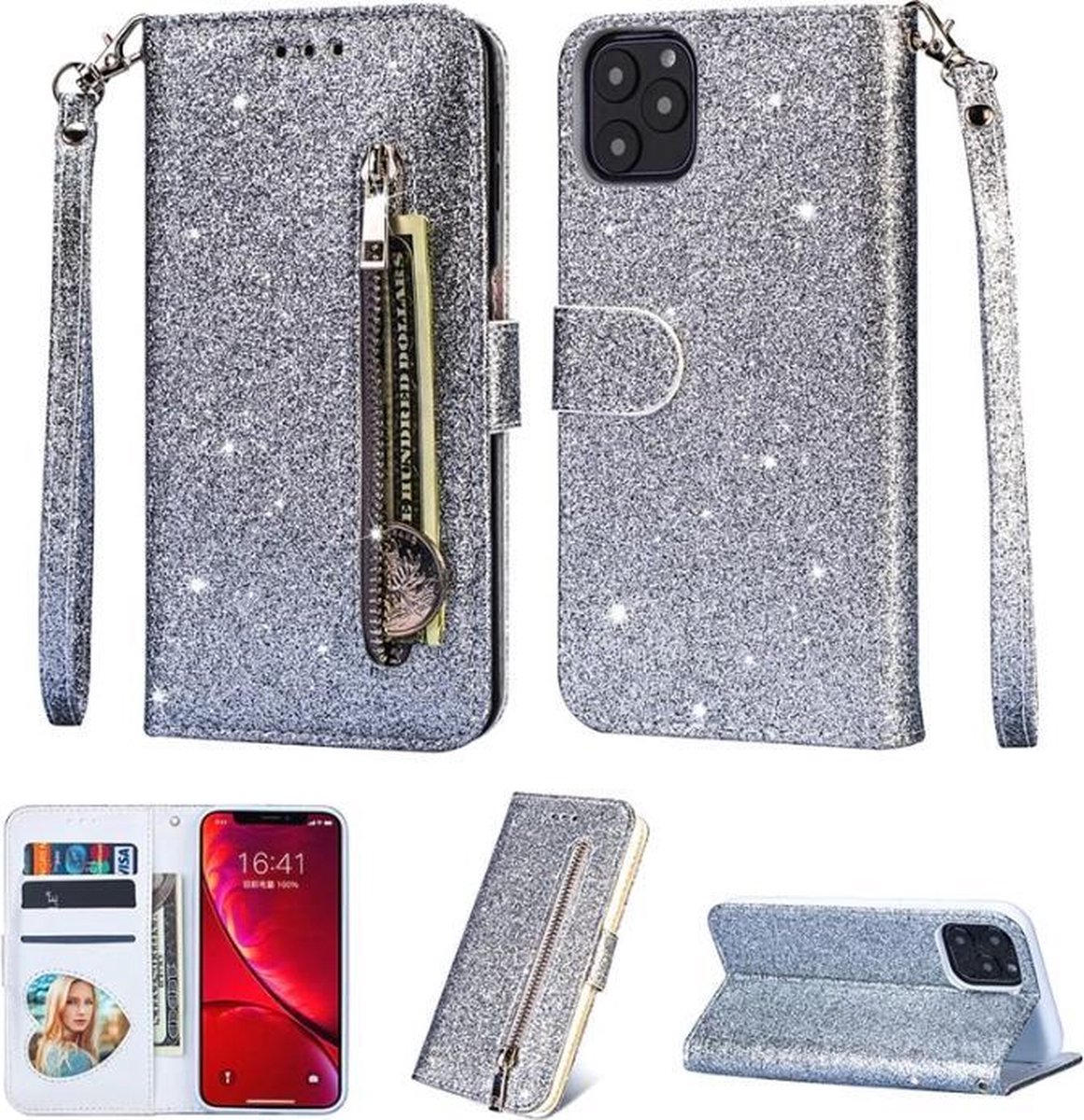 Glitter Bookcase geschikt voor Samsung Galaxy A41 | Hoogwaardig PU Leren Hoesje | Lederen Wallet Case | Telefoonhoesje | Pasjeshouder | Portemonnee | Zilver