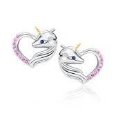 Joy|S - Zilveren eenhoorn oorbellen hart 11 x 12 mm unicorn roze zirkonia's - gehodineerd