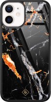 iPhone 12 mini hoesje glass - Marmer zwart oranje | Apple iPhone 12 Mini case | Hardcase backcover zwart