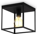 Zwarte vierkante kooilamp met een zichtbare gloeilamp, gemonteerd op een wit plafond.