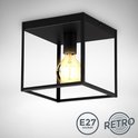 Zwarte vierkante kooilamp met een zichtbare gloeilamp en de tekst 'E27 socket' en 'Retro'.