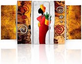 Schilderij , Kleurrijke vrouw met rode jurk , oranje wit rood ,4 maten , 5 luik , wanddecoratie , Premium print , XXL