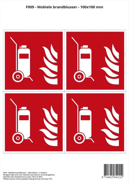 Foto: Pictogram sticker f009 mobiele brandblusser 100x100mm 4 stickers op 1 vel