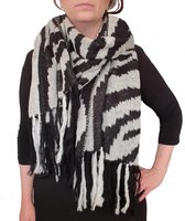 Sjaal winter dames zebra print met franjes zwart wit