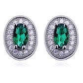 Joy|S - Zilveren klassieke ovale oorbellen 9 x 7 mm emerald groene zirkonia - gehodineerd