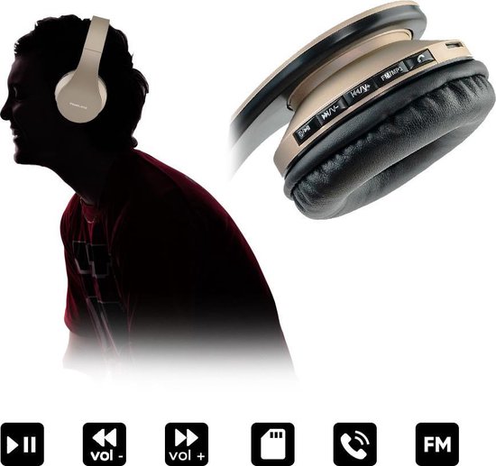PowerLocus P1 Bluetooth Koptelefoon – Draadloos – Over Ear – Met Microfoon – Inklapbaar - incl. Hoes – Goud - PowerLocus