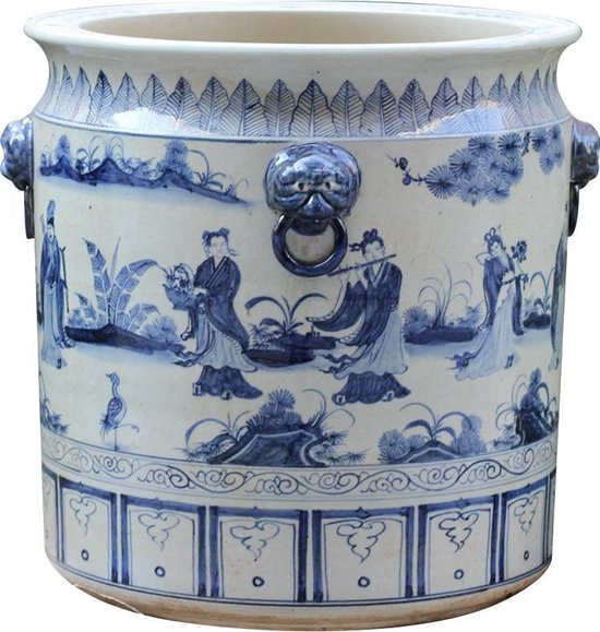 The Ming Garden Collection | Chinees Porselein | Grote Porseleinen Bloempot Met De Acht Onsterfelijken | Blauw & Wit