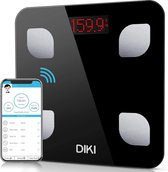 Lichaamsvetweegschaal DiKi Bluetooth-lichaamsgewichtweegschaal met IOS- en Android-apparaten, Zeer nauwkeurige digitale personen weegschaal - Digitaal lichaamsgewicht met app voor onbeperkte gebruikers / 8 lichaamscomponentgegevens / Step On (zwart)