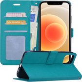 Hoesje Geschikt voor iPhone 12 Hoesje Book Case Hoes Wallet Cover - Hoes Geschikt voor iPhone 12 Hoesje Bookcase Hoes - Turquoise