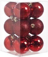 KERSTBALLEN SET 12 STUKS | KERSTVERSIERING | MIX ROOD | D6 CM | KUNSTSTOF MAT | GLITTER BLINKEND