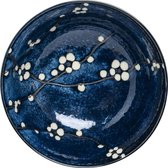 exclusief Japans servies schaal Hana uitstekende kwaliteit porselein diepbord, salade bord, pastabord, rijstschaal, diameter 20 cm dikte 7,2 cm kleuren blauw wit zwart bloemen.