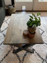 Industriële eikenhouten salontafel, kleur: black wash | X-onderstel