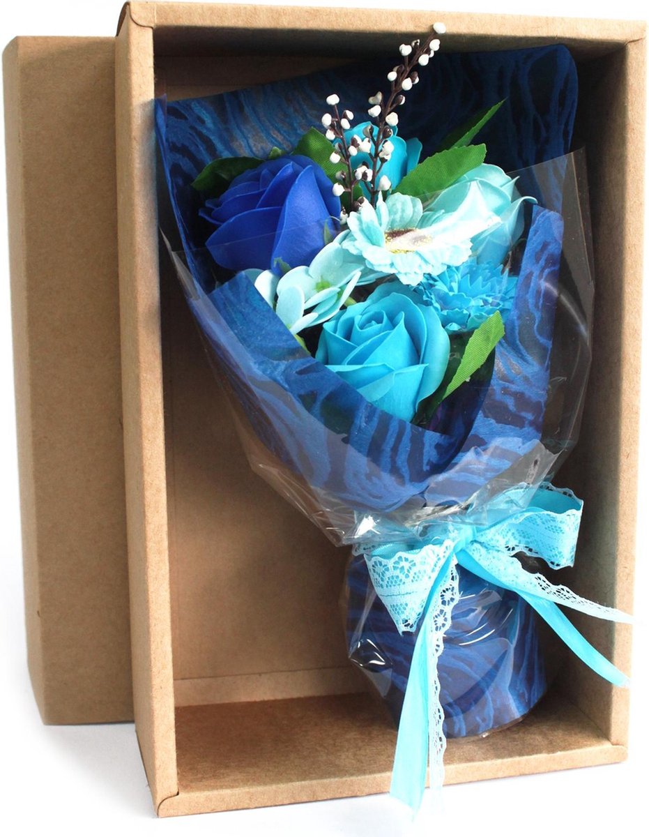 Zeepbloemen Boeket in Box - Blauw - 4 Geurende badrozen